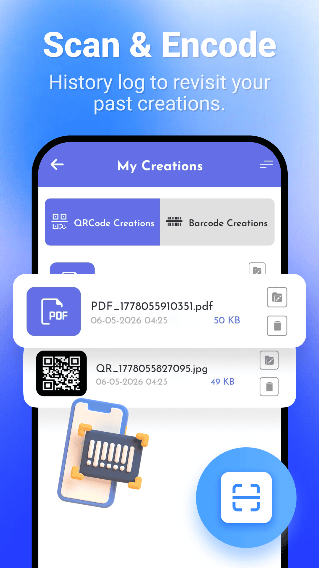 QR Scanner Pro creation history with saved PDF and JPG files